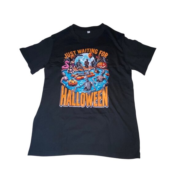 Just Waiting For Halloween Black Graphic T-Shirt S Skeleton Pool Party Design Co - Picture 2 of 5